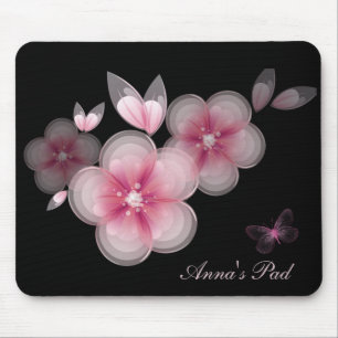 Roze Cherry Blossom met Butterfly op Black Muismat