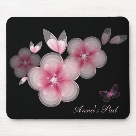 Roze Cherry Blossom met Butterfly op Black Muismat (Voorkant)