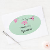 Roze Cherry Blossom Mint Green Quinceanera Ovale Sticker (Envelop)