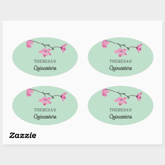 Roze Cherry Blossom Mint Green Quinceanera Ovale Sticker (Vel)
