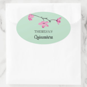 Roze Cherry Blossom Mint Green Quinceanera Ovale Sticker