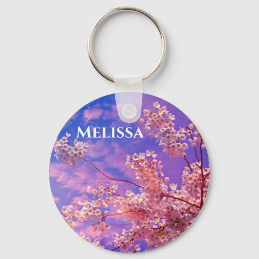  roze Cherry Blossom Name Monogram Sleutelhanger (Voorkant)