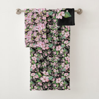Roze Cherry Blossom op Black Bathroom Towel Set Bad Handdoek