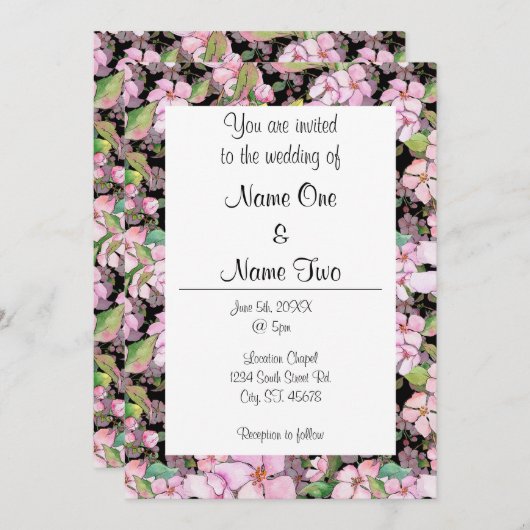 Roze Cherry Blossom op Black Wedding Invitation Kaart (Voorkant / Achterkant)