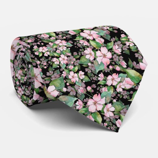 Roze Cherry Blossom op zwarte Stropdas (Opgerold)