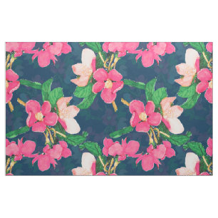 Roze Cherry Blossom Paint Navy-Blue Design Stof