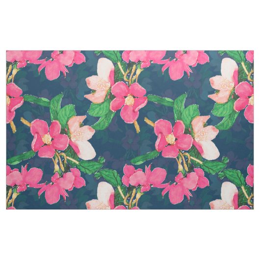 Roze Cherry Blossom Paint Navy Blue Design Stof (Fat Quarter)