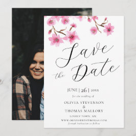 Roze Cherry Blossom Photo Weddenschap Save the Dat Kaart