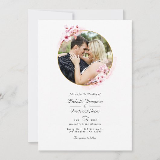 Roze Cherry Blossom QR Code RSVP Spring Weddenscha Kaart (Voorkant)