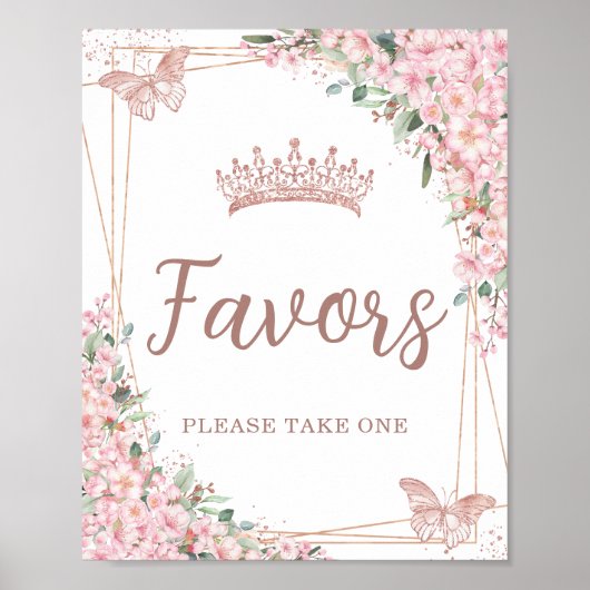 Roze Cherry Blossom Roos Gold Butterflies Favors Poster (Voorkant)