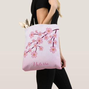 Roze Cherry Blossom Sakura Floral Branch met naam Tote Bag