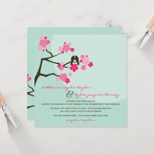Roze Cherry Blossom Sakura Tortelduifjes Wedding Kaart (Voorkant / Achterkant in situ)