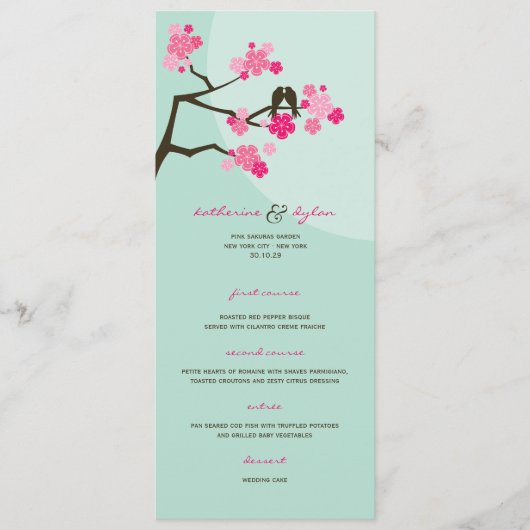 Roze Cherry Blossom Sakura Tortelduifjes Wedding Menu (Voorkant)