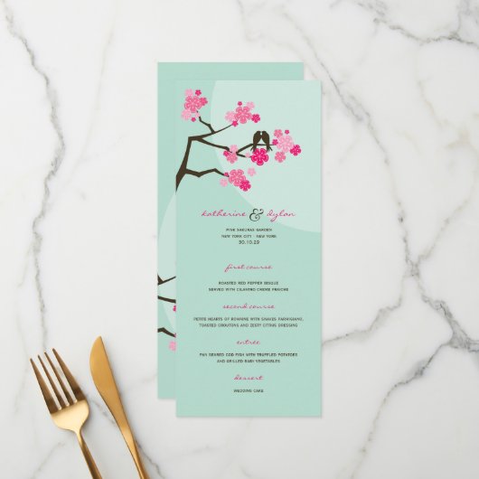 Roze Cherry Blossom Sakura Tortelduifjes Wedding Menu (Voorkant / Achterkant in situ)