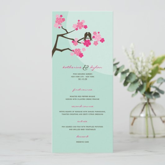Roze Cherry Blossom Sakura Tortelduifjes Wedding Menu (Staand voorkant)