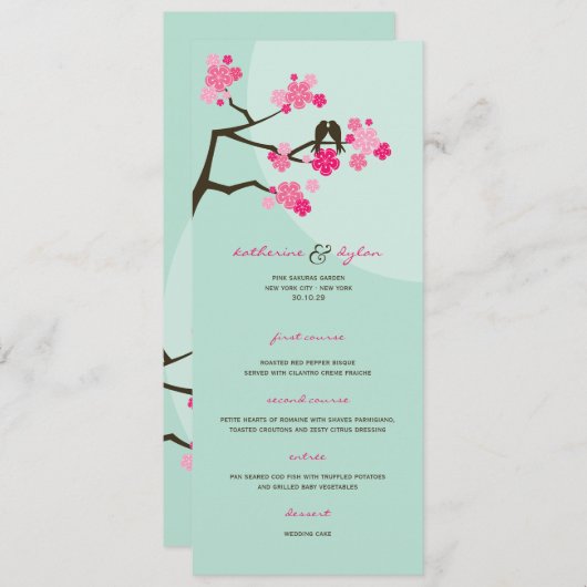 Roze Cherry Blossom Sakura Tortelduifjes Wedding Menu (Voorkant / Achterkant)