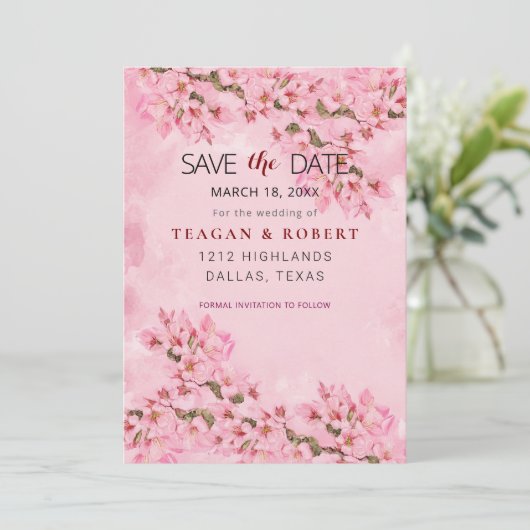 Roze Cherry Blossom Save The Date (Staand voorkant)