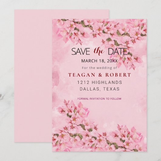 Roze Cherry Blossom Save The Date (Voorkant / Achterkant)