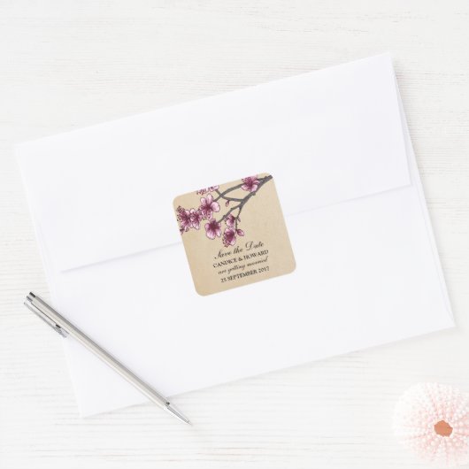 Roze  Cherry Blossom Sla de datum op Vierkante Sticker (Envelop)