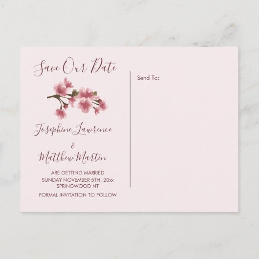 Roze Cherry Blossom Sparen de Datum Aankondigingskaart (Achterkant)