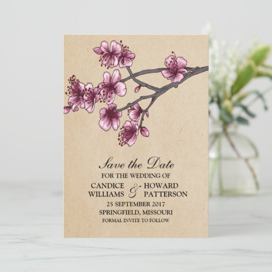 Roze  Cherry Blossom Sparen de Datum Uitnodiging (Staand voorkant)