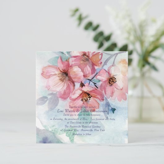 Roze Cherry Blossom Square Weddenschap Kaart (Staand voorkant)