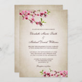 Roze Cherry Blossom  Tan Wedding Kaart (Voorkant / Achterkant)
