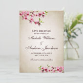 Roze Cherry Blossom Tan Wedding Save the Date (Staand voorkant)