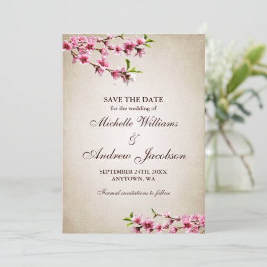 Roze Cherry Blossom Tan Wedding Save the Date (Staand voorkant)