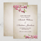 Roze Cherry Blossom Tan Wedding Save the Date (Voorkant / Achterkant)