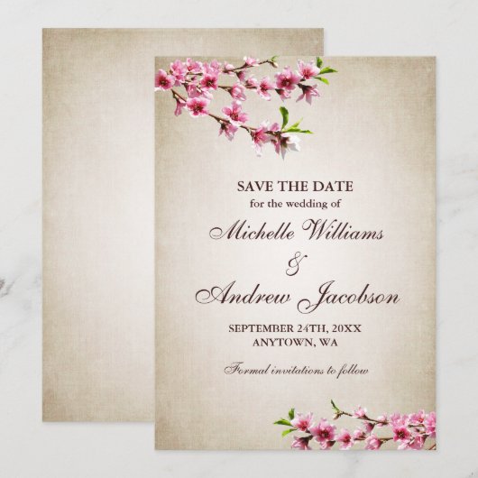 Roze Cherry Blossom Tan Wedding Save the Date (Voorkant / Achterkant)