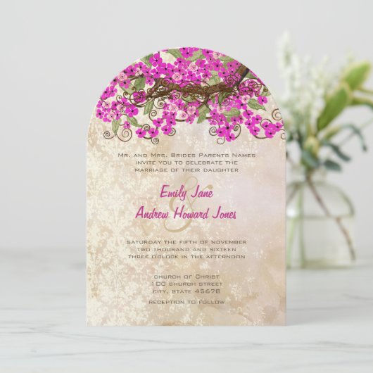 Roze Cherry Blossom Tea Stain Wedding Invites Kaart (Staand voorkant)