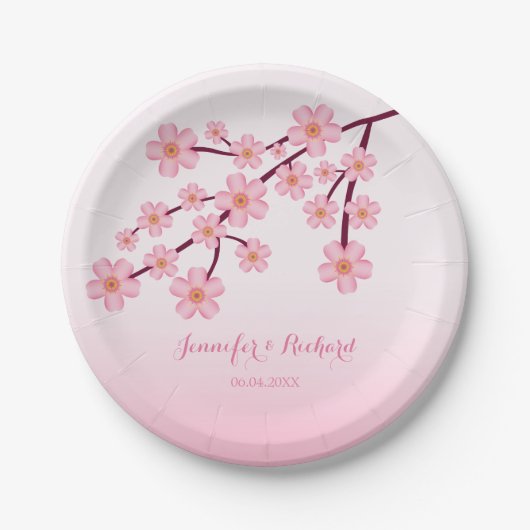 Roze Cherry Blossom Tree Branch with Names Wedding Papieren Bordje (Voorkant)