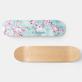 Roze Cherry Blossom Turquoise Bokeh Monogram Girly Persoonlijk Skateboard (Horizontaal)