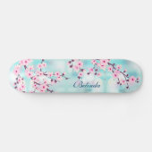 Roze Cherry Blossom Turquoise Bokeh Monogram Girly Persoonlijk Skateboard (Horizontaal)
