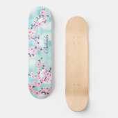 Roze Cherry Blossom Turquoise Bokeh Monogram Girly Persoonlijk Skateboard (Voorkant)