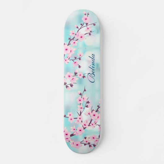 Roze Cherry Blossom Turquoise Bokeh Monogram Girly Persoonlijk Skateboard (Voorkant)