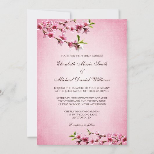 Roze Cherry Blossom Vintage Wedding Kaart (Voorkant)