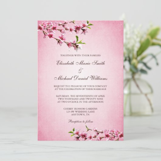 Roze Cherry Blossom Vintage Wedding Kaart (Staand voorkant)