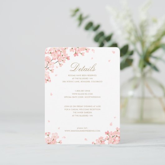 Roze Cherry Blossom Wedding Details Enclosure Card Kaart (Staand voorkant)