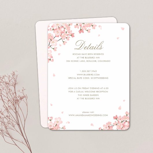 Roze Cherry Blossom Wedding Details Enclosure Card Kaart