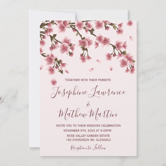 Roze Cherry Blossom Wedding Invitation Kaart (Voorkant)