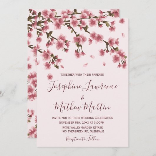 Roze Cherry Blossom Wedding Invitation Kaart (Voorkant / Achterkant)