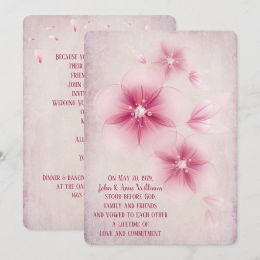 Roze Cherry Blossom Wedding Invitation Kaart (Voorkant / Achterkant)
