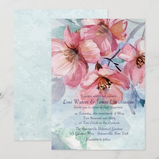 Roze Cherry Blossom Wedding Invitation Kaart (Voorkant / Achterkant)