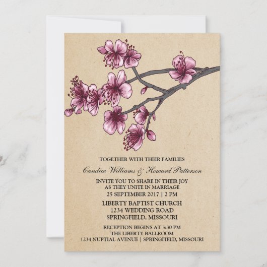 Roze  Cherry Blossom Wedding Invite Kaart (Voorkant)