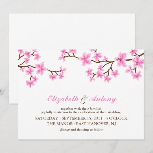 Roze Cherry Blossom Wedding Kaart (Voorkant / Achterkant)