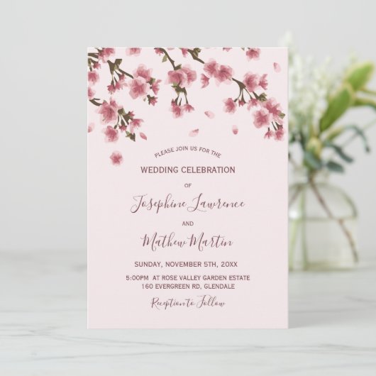 Roze Cherry Blossom Wedding Kaart (Staand voorkant)
