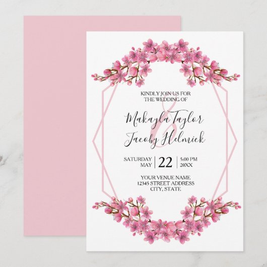 Roze Cherry Blossom Wedding Kaart (Voorkant / Achterkant)