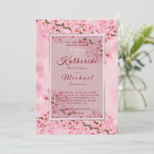 Roze Cherry Blossom Wedding Kaart (Staand voorkant)